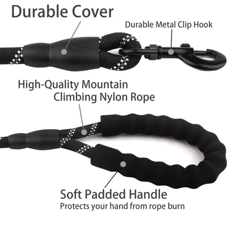 Reflective Dog Lead With Comfortable Padded Handle - Double Heavy Duty Traction Rope For Strong Dogs - Enhance Safety And Control