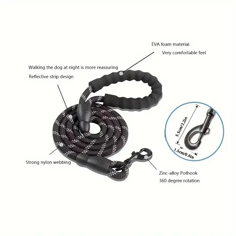 Reflective Dog Lead With Comfortable Padded Handle - Double Heavy Duty Traction Rope For Strong Dogs - Enhance Safety And Control